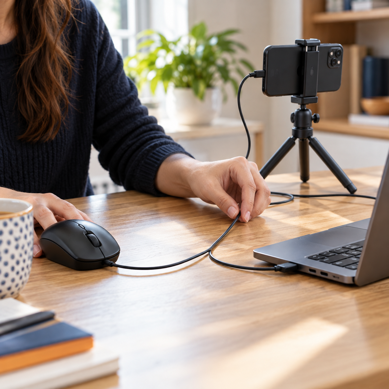 Cabo atravessando o enquadramento: reorganize a cena sem puxar o conector