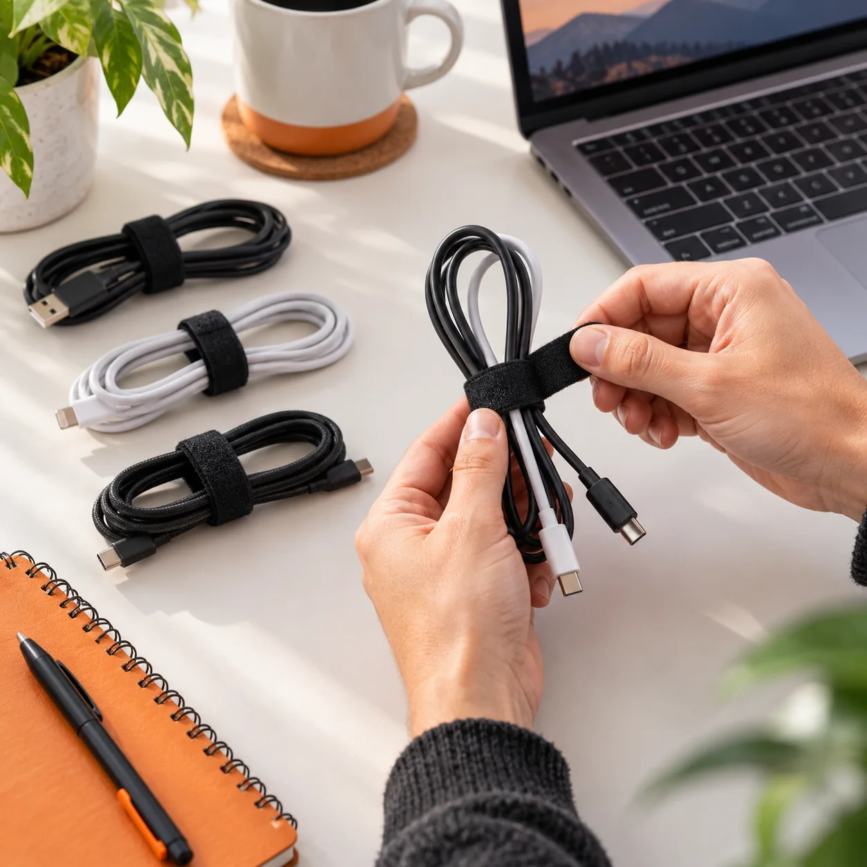 Como organizar cabos na mesa com tiras de velcro